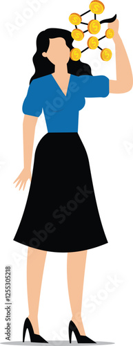 Greedy, desire for money, gain, profit or income, business kickbacks, financial crimes, businesswoman eating a string of gold coins held in his hand