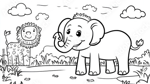 Cute elephant and lion in a jungle background coloring page photo