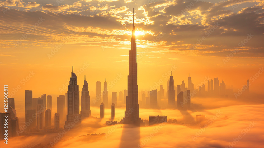 Obraz premium Golden sunlight floods the streets of a towering city skyline at sunset, casting warm hues