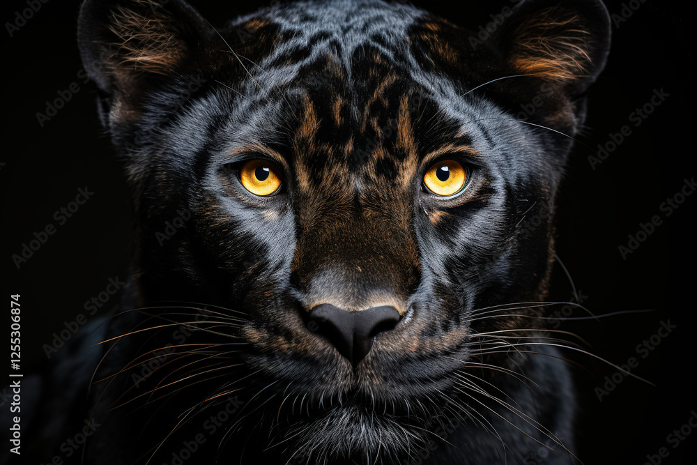 Black panther with yellow eyes stares at the camera. The image has a dark and intense mood, with the panther's eyes glowing in the darkness Black panther with yellow eyes stares at the camera. The image has a dark and intense mood, with the panther's eyes glowing in the darkness