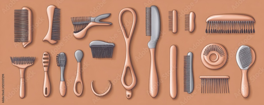 Obraz premium Variety of hairbrushes and combs in different styles on brown background