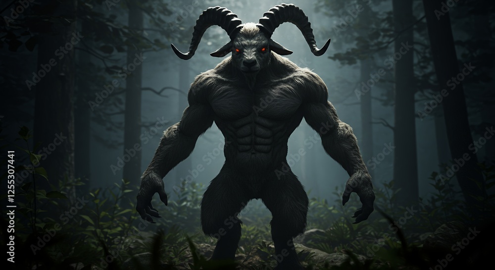 Fototapeta premium A hulking goat man stands menacingly within a dark forest