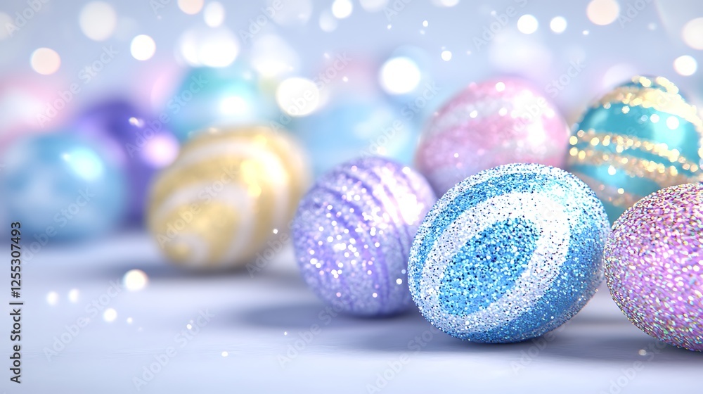 Sparkling Easter Eggs in Pastel Hues with Shimmering Decorations on a Festive Background Sparkling Easter Eggs in Pastel Hues with Shimmering Decorations on a Festive Background