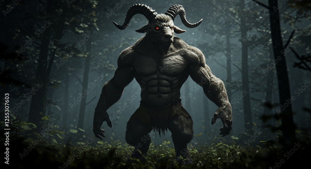 A muscular minotaur stands in a dark and eerie forest A muscular minotaur stands in a dark and eerie forest
