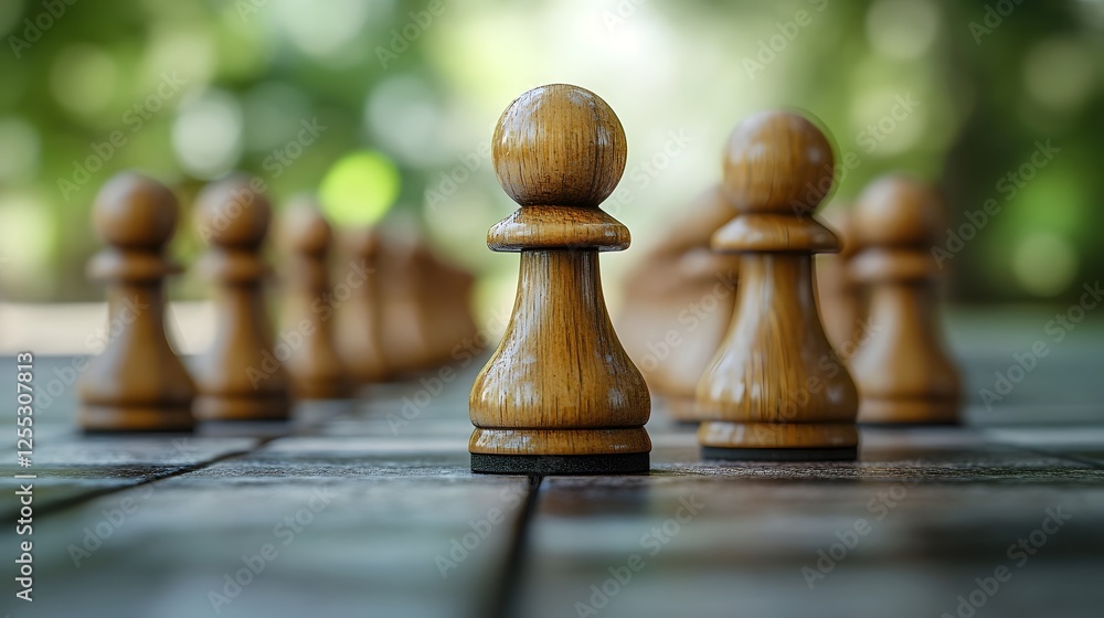 Closeup of traditional wooden chess pieces on a chessboard placed in a natural outdoor setting with lush green foliage in the background Concept of strategy critical thinking Closeup of traditional wooden chess pieces on a chessboard placed in a natural outdoor setting with lush green foliage in the background Concept of strategy critical thinking