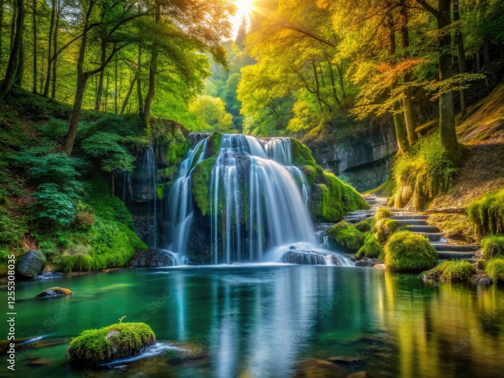 Lush forest, cascading waterfall panorama: minimalist nature's beauty. Lush forest, cascading waterfall panorama: minimalist nature's beauty.