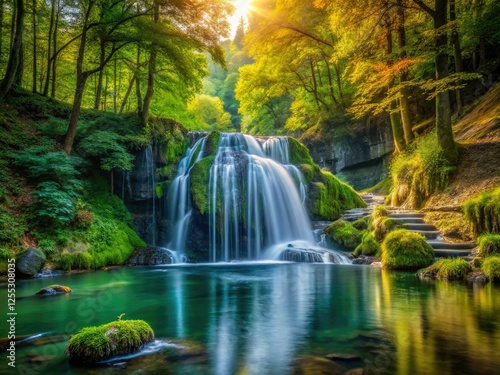 Lush forest, cascading waterfall panorama: minimalist nature's beauty.