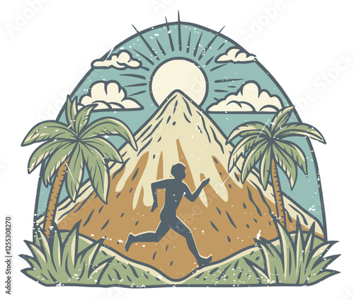 Athletic silhouette running against mountainous landscape, palm trees, dramatic sunlight, embodying adventure, fitness, tropical destination