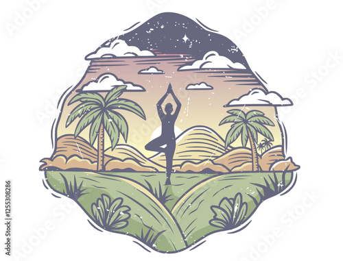 Grunge textured illustration depicting a woman practicing tree yoga pose in a tropical paradise at sunset, surrounded by palm trees and rolling hills