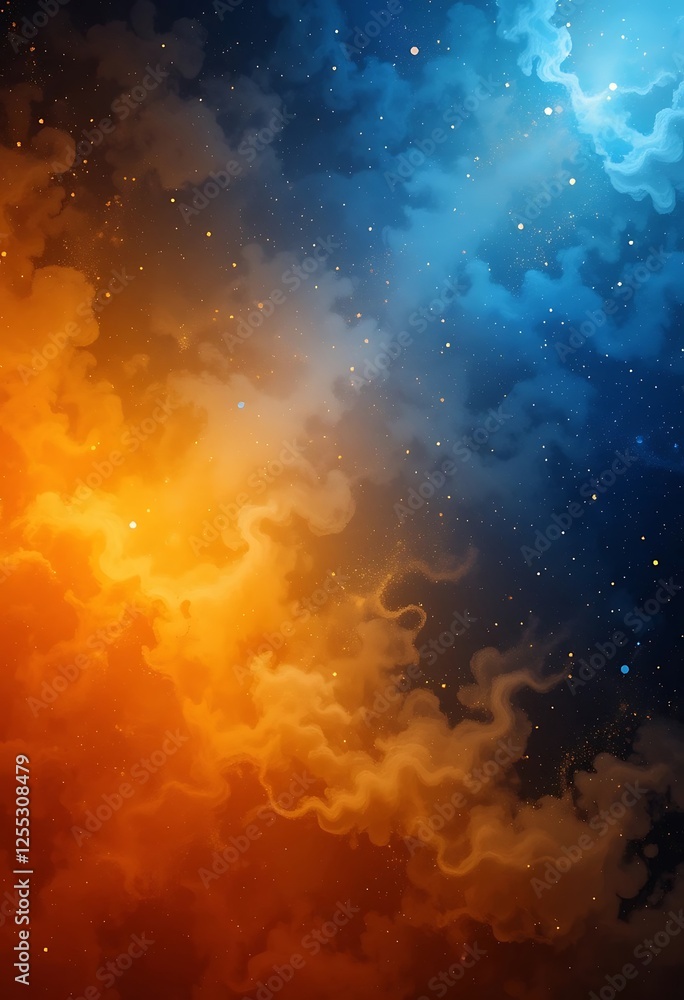 Naklejka premium Celestial Symphony: A Harmonious Blend of Orange and Blue Cosmic Clouds
