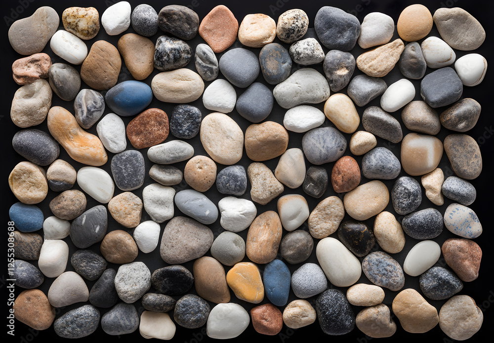 A flat lay of various pebbles and rocks, arranged in an aesthetically pleasing pattern on a black background. The colors include gray, beige, white, blue, and light gray. A flat lay of various pebbles and rocks, arranged in an aesthetically pleasing pattern on a black background. The colors include gray, beige, white, blue, and light gray.