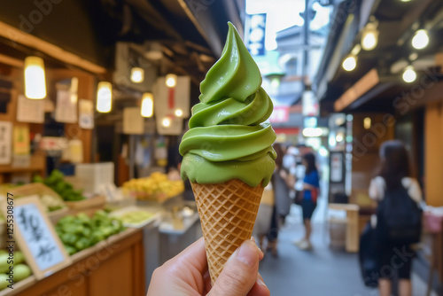 A hand holding a delicate soft cream cone swirled with vibrant Uji matcha at the Japanese market.