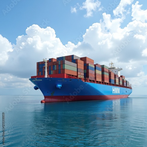 A majestic container ship sails the horizon, adorned in striking blue and red hues. Stacked tiers of diverse-sized, multicolored containers form an impressive cargo silhouette against the sky photo