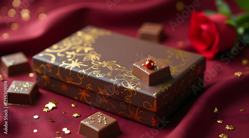 A beautifully arranged chocolate gift box with an ornate design, surrounded by chocolates, decorative sequins, and a vibrant red rose on soft fabric