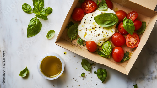 Burrata salad in a craft carton take-away box, with creamy burrata, tomato slices, and fresh basil.