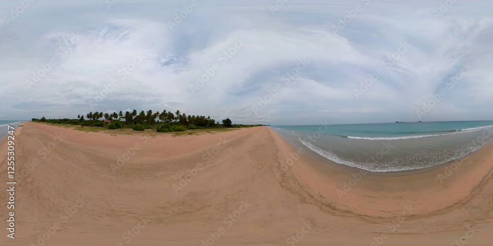 Aerial drone of Tropical sandy beach with palm trees near the blue sea. Sri Lanka, Trincomalee. 360 panorama Aerial drone of Tropical sandy beach with palm trees near the blue sea. Sri Lanka, Trincomalee. 360 panorama