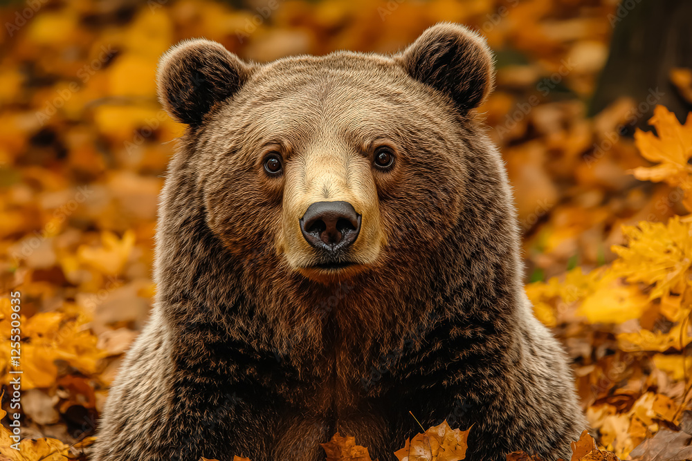 Bear is swimming in a river with leaves floating on the surface. The bear is looking directly at the camera Bear is swimming in a river with leaves floating on the surface. The bear is looking directly at the camera