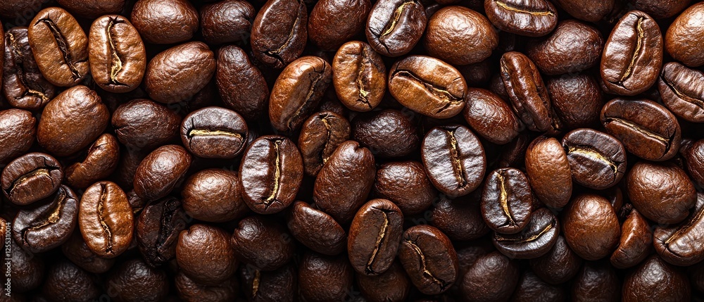 Close-up view of roasted coffee beans scattered on a wooden surface, highlighting their rich texture and color Close-up view of roasted coffee beans scattered on a wooden surface, highlighting their rich texture and color