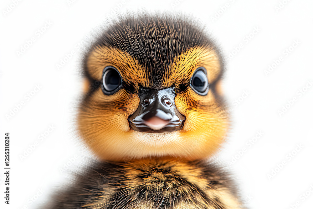 Baby duck with a yellow beak and brown feathers. The duck is looking at the camera Baby duck with a yellow beak and brown feathers. The duck is looking at the camera