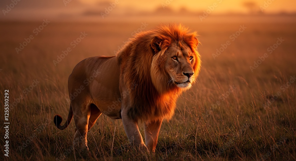 Majestic Lion Walking Through Golden Grassland at Sunset Majestic Lion Walking Through Golden Grassland at Sunset
