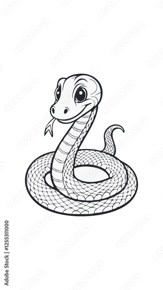 Fototapeta premium Cute Snake Animal Coloring Kid Book Page in Black and White. Monochrome and Colored Samples