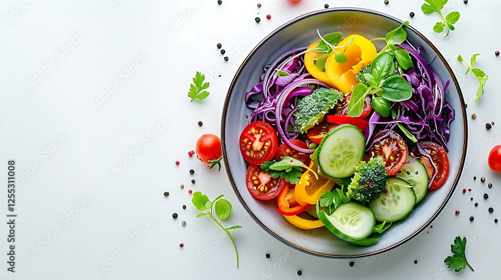 A bowl of fresh garden salad with vibrant vegetables on a white background A bowl of fresh garden salad with vibrant vegetables on a white background