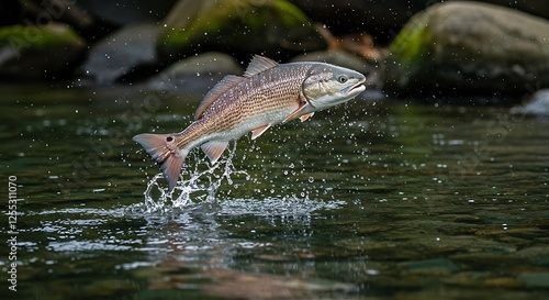 Red Drum Fish Leaping From River Water, Outdoor Wildlife Photography