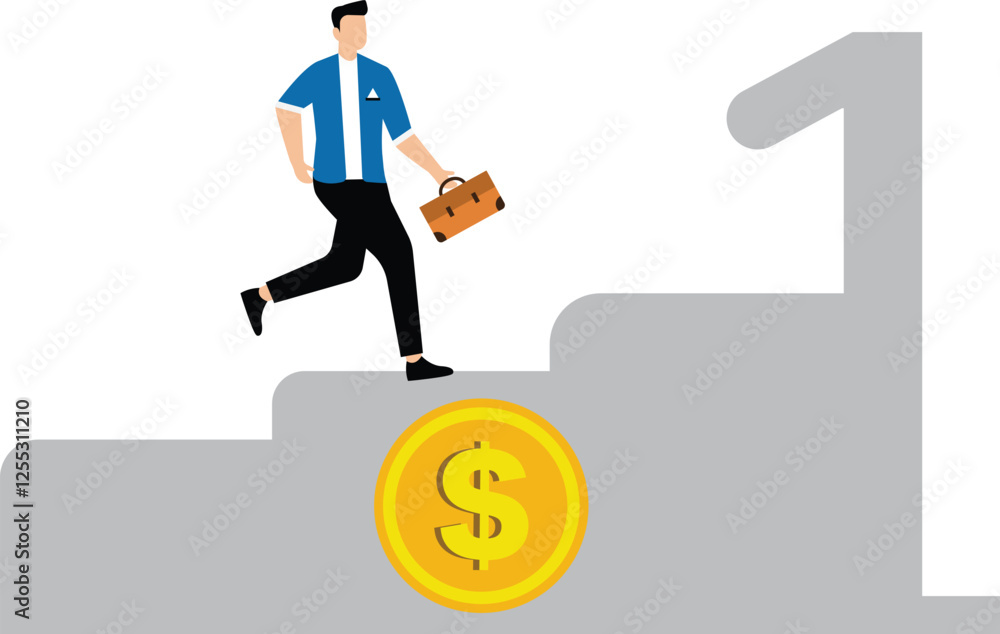 A businessman climbs the ladder from the money symbol to freedom. Illustration for financial freedom, abundant wealth and riches A businessman climbs the ladder from the money symbol to freedom. Illustration for financial freedom, abundant wealth and riches