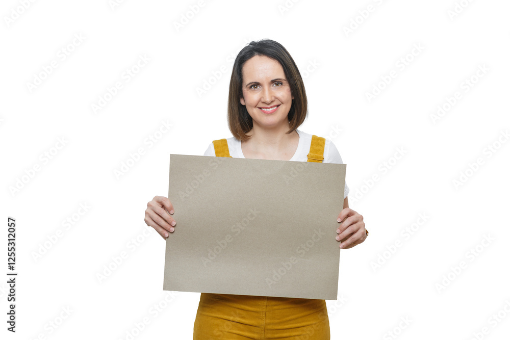 Woman holding a blank poster with a friendly smile in a bright indoor setting for creative use Woman holding a blank poster with a friendly smile in a bright indoor setting for creative use
