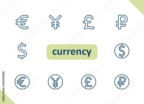 Currency icons. Dollar, euro, yen, yuan, pound, ruble, symbol, money vector icon set