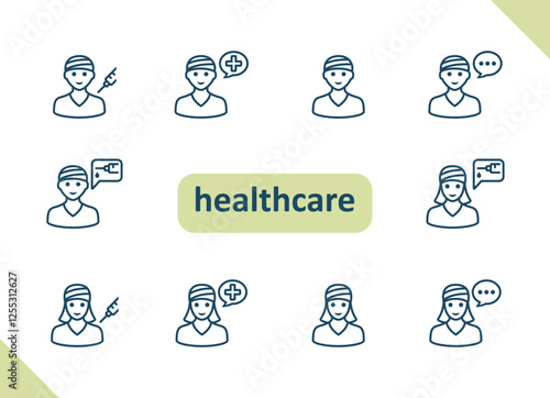 Healthcare people icons. Health care, staff, doctor, patient, nurse, pharmacist, dentist vector icon set