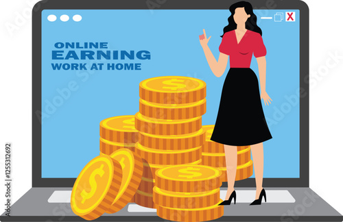 A businesswoman standing in front of a laptop and coins inside. Illustration for earning money online, work from home, freelance