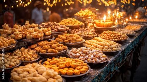 Moroccan market sweets display at night