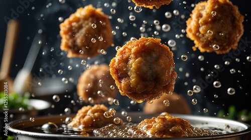 Golden Crispy Deep-Fried Meatballs in Hot Oil
 photo