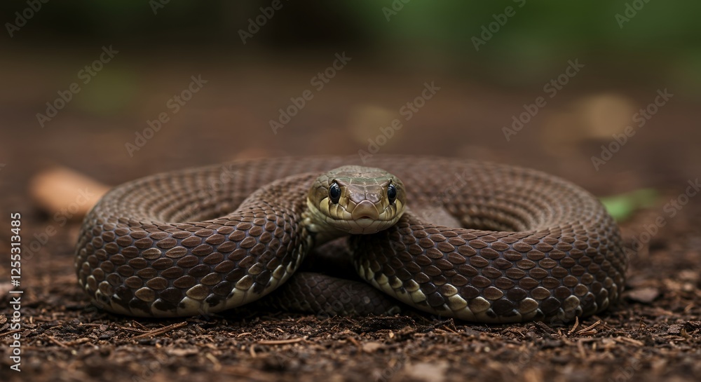 Obraz premium Coiled snake rests peacefully on a bed of dirt