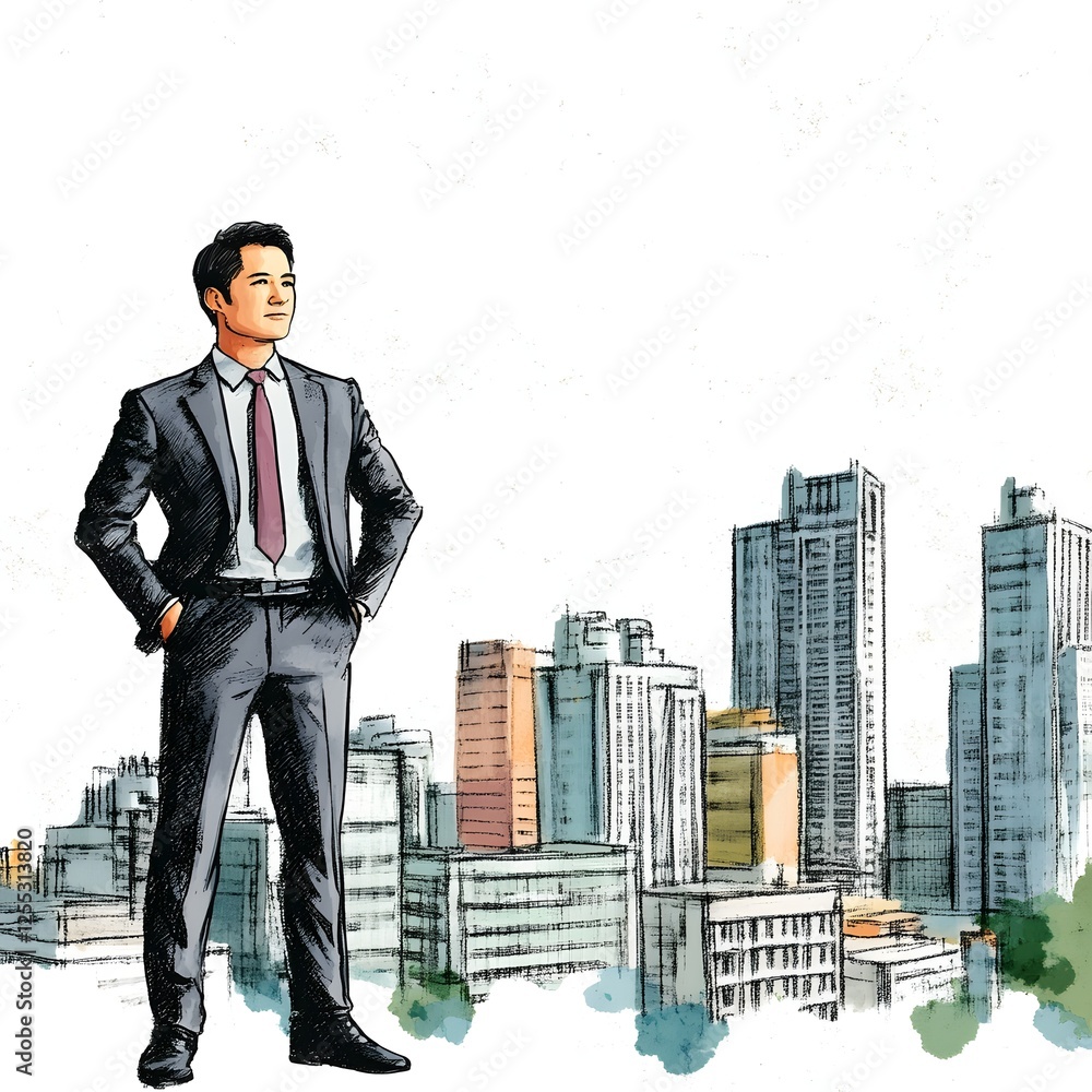 Confident Business Leader Surveying Cityscape from Rooftop Representing Success Ambition and Strategic Vision in the Corporate World Confident Business Leader Surveying Cityscape from Rooftop Representing Success Ambition and Strategic Vision in the Corporate World