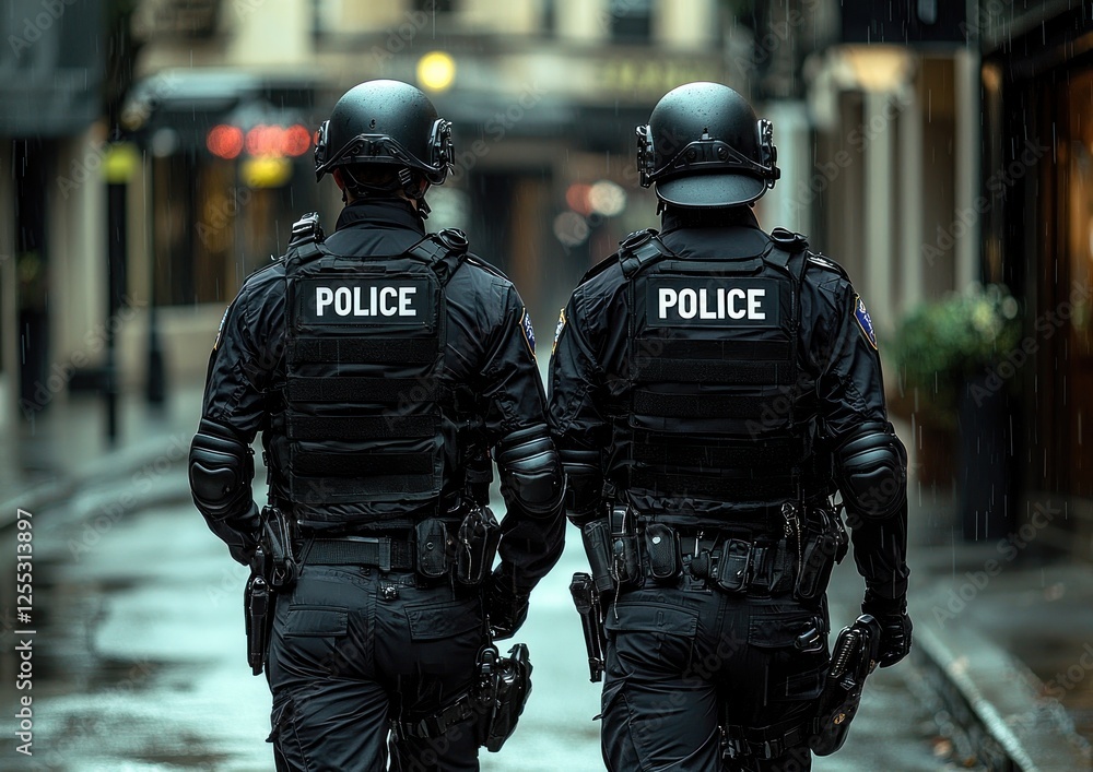 Two police officers in tactical gear walking through a rainy urban street Two police officers in tactical gear walking through a rainy urban street