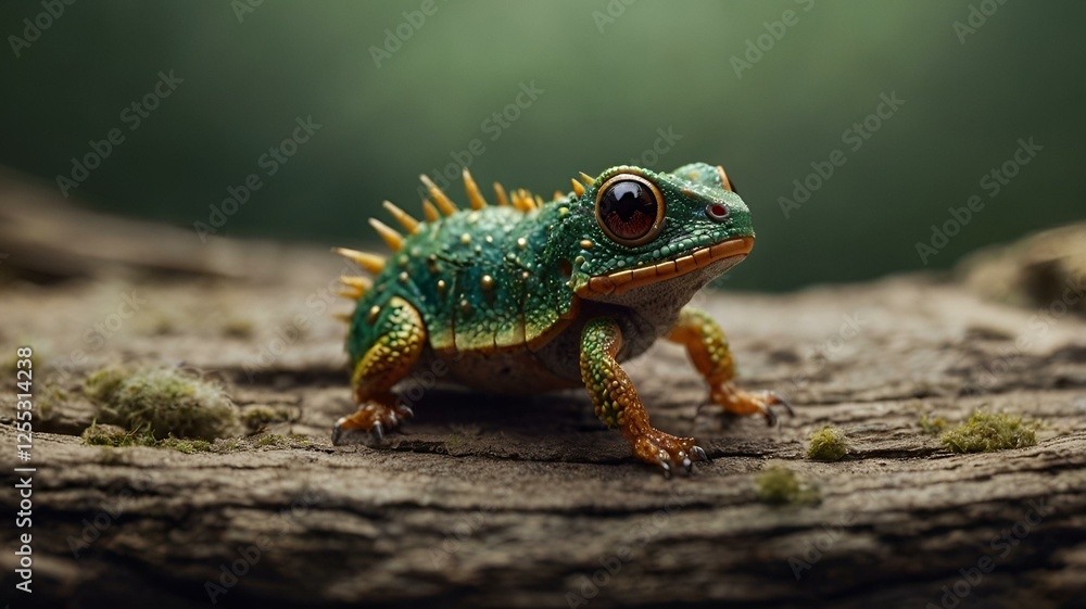 Fototapeta premium Spiky Green Lizard Alertly Standing Against Dark Background