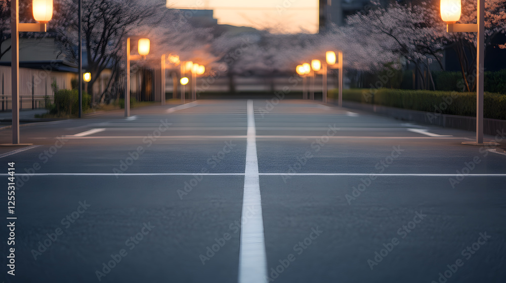 Fototapeta premium A serene, empty parking lot in Japan at dawn, featuring neatly painted white lines and minimalist signage. The asphalt is smooth and pristine, reflecting the soft glow of traditional Japanese