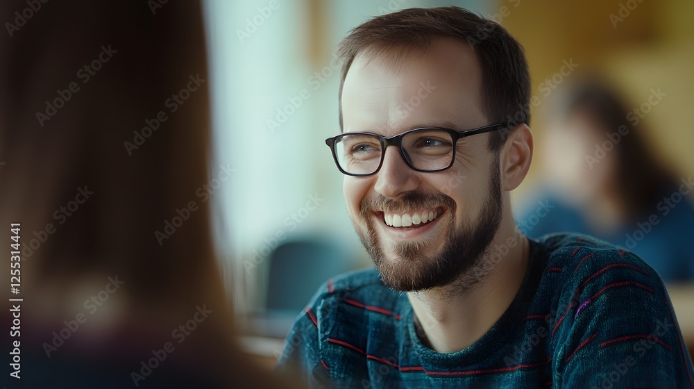 Fototapeta premium Friendly and Charismatic Caucasian Man Smiling Happily in Casual Plaid Shirt While Working at his Desk in an Office Environment