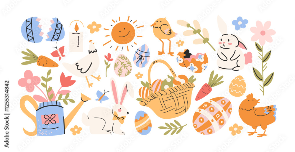Set Easter cartoon stickers in 90s retro style. Spring elements, rabbits, eggs, Christian holiday, Easter baskets, flowers. Vector groovy doodle shape Set Easter cartoon stickers in 90s retro style. Spring elements, rabbits, eggs, Christian holiday, Easter baskets, flowers. Vector groovy doodle shape