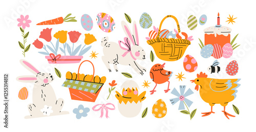 Set Easter cartoon stickers in 90s retro style. Spring elements, rabbits, eggs, Christian holiday, Easter baskets, flowers. Vector groovy doodle shape