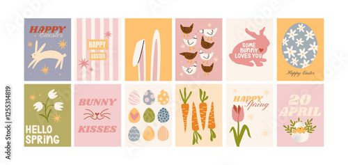 Easter spring posters and postcards. Rabbits, eggs, Christian holiday, Easter baskets, flowers. Wall decor in cartoon style Matisse. Wallpapers, walls, prints and gift cards