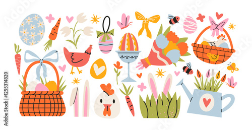 Set Easter cartoon stickers in 90s retro style. Spring elements, rabbits, eggs, Christian holiday, Easter baskets, flowers. Vector groovy doodle shape