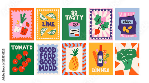 Abstract food posters for the kitchen. Culinary compositions in cartoon trendy style of Matisse. Decor for kitchens, cafes and restaurants. Minimalist banners for wall decor, prints, wallpaper.