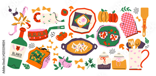 Dishes of different cuisines of the world, products and ingredients drawn in cartoon style. Doodle stickers, kitchen morning, dinner, lunch and drinks.