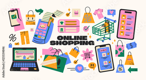 Online shopping stickers set. Featuring cash register, computer, shopping cart, checkout interface, and e-commerce elements. Vibrant vector shapes for digital retail and online shopping concepts