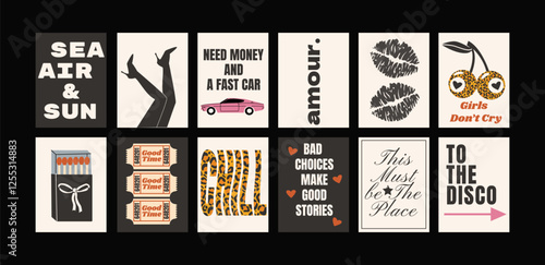 Cartoon posters of ganster grunge star girl in 90s style. Lipstick, retro vinyl, hat, disco ball, cocktails. Musical disco aesthetics in hippie funky groovy style