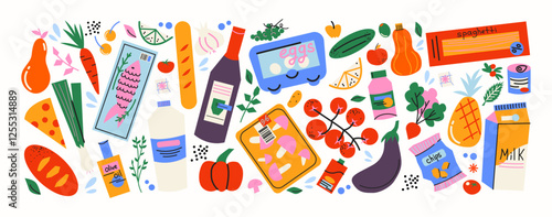 Basic food products from the supermarket. Grocery goods, dishes, baked goods, drinks, delicacies, ingredients. Fresh grocery products vegetables and fruits. Doodle cartoon retro supermarket stickers.