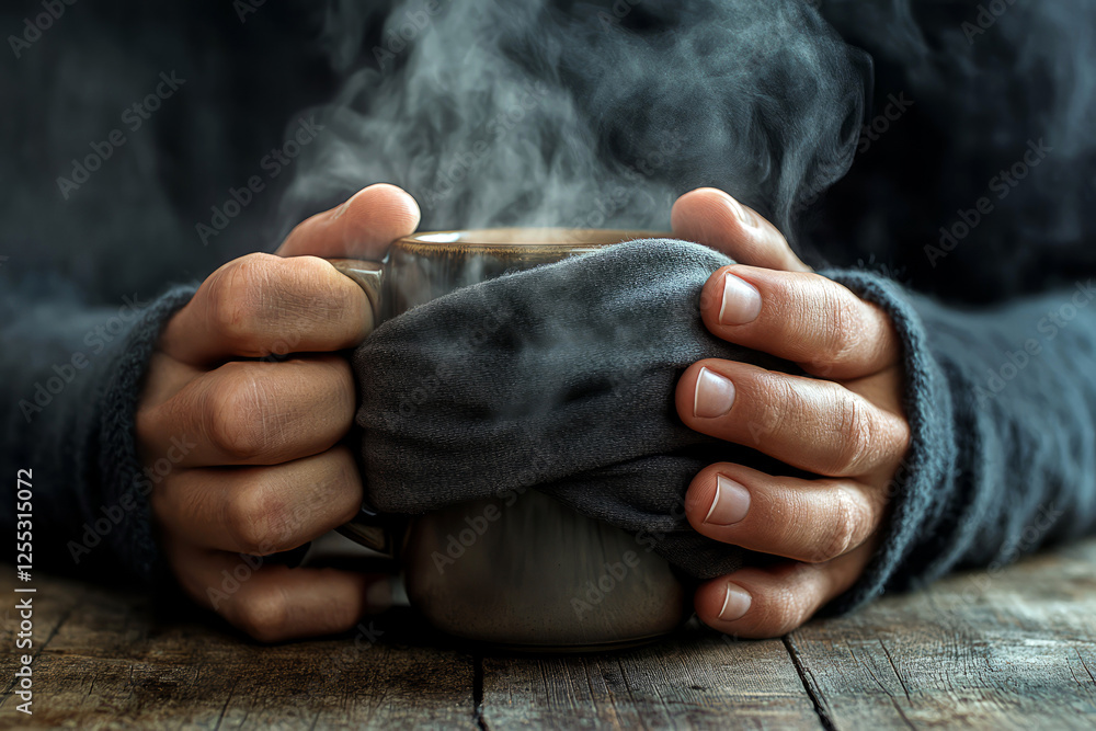 Fototapeta premium Cozy Hands Holding Warm Steaming Mug on Rustic Wooden Table in Winter Setting